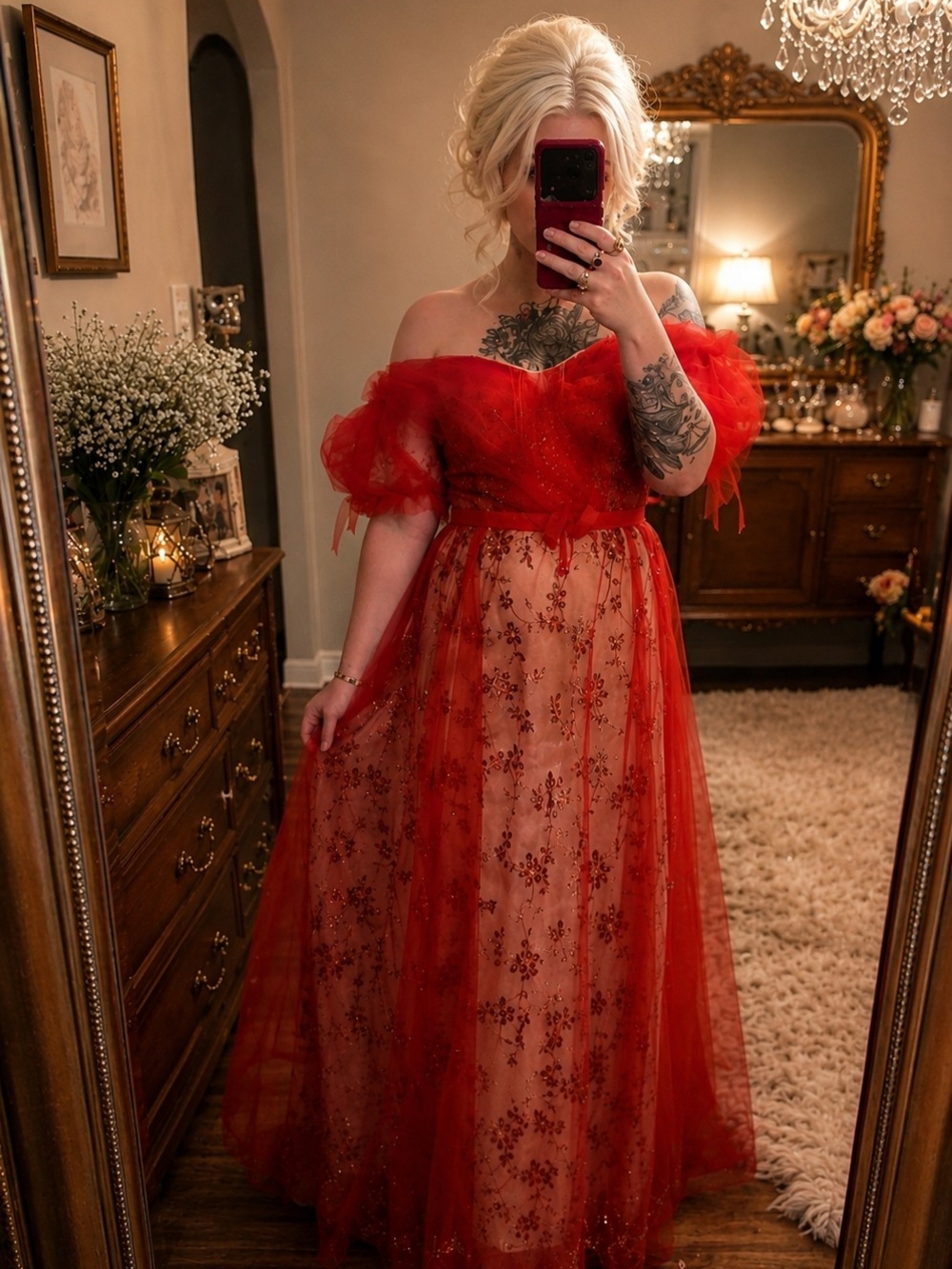Bella Milton Red Embellished Tulle Maxi Dress S NWT Romantic Ruffle Sleeve